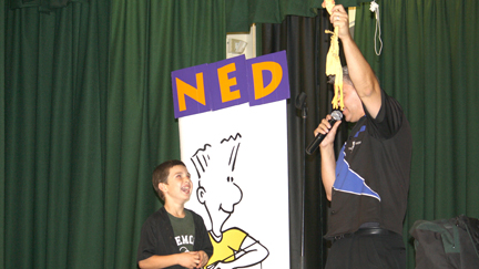 Fremont Elementary School student Hunter Cuneo, third grade, reacted to what he thought was his prize during the NED assembly at his school. Photo by Mary O’KEEFE 