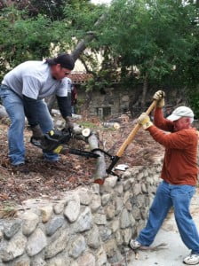 Joe Allen, left, and Steve Pierce cut logs into firewood size as they cleared St. Luke’s of fallen trees. 