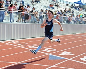 Josh Straschewski in the finish of the 110HH.