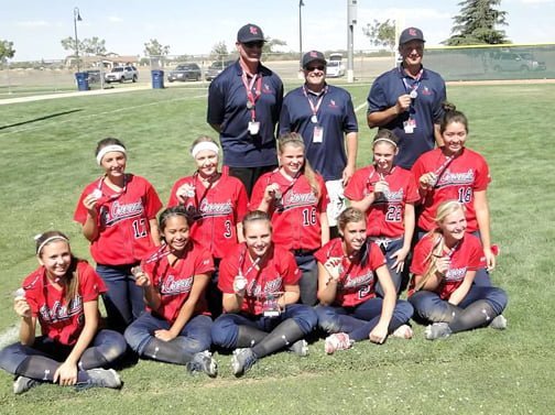 Photo by Michael HERNANDEZ Front row from left are Ally Pehar, Adela Alatraca, Marissa Gutierrez, Alyssa Alves and Clair Jackson. In the second row from left are Kendall Ebert, Taylor Hill, Paige Baker, Taylor Hughes and Bella Hernandez. Not pictured is second baseman Michele Peterson. The 16U team is managed by Doug Ebert with assistant coaches Brian Alves, Chris Boone and Kevin Hughes.