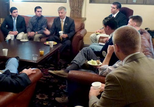 Photo provided by St. Francis Before his presentation, journalist Conan Nolan met with students in Founders Hall.