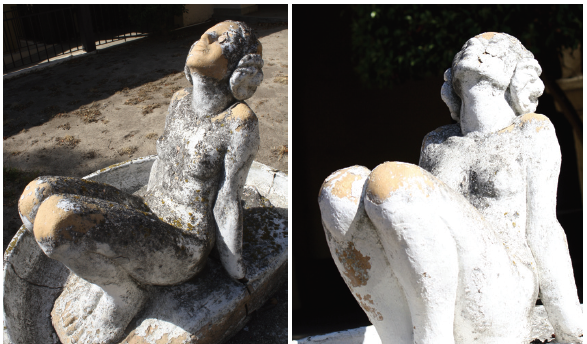 The decision on what to do with Rockhaven has been put on hold for a year as the property continues to age.  RIGHT: A 2014 picture of statue in the Rockhaven courtyard. LEFT: That same statue in 2010. 