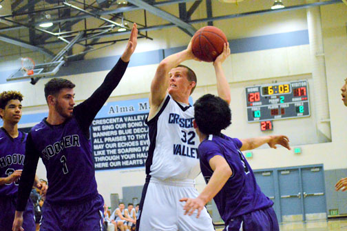 David Heckmann goes up for a shot Monday against Hoover in a dominant Falcon victory.