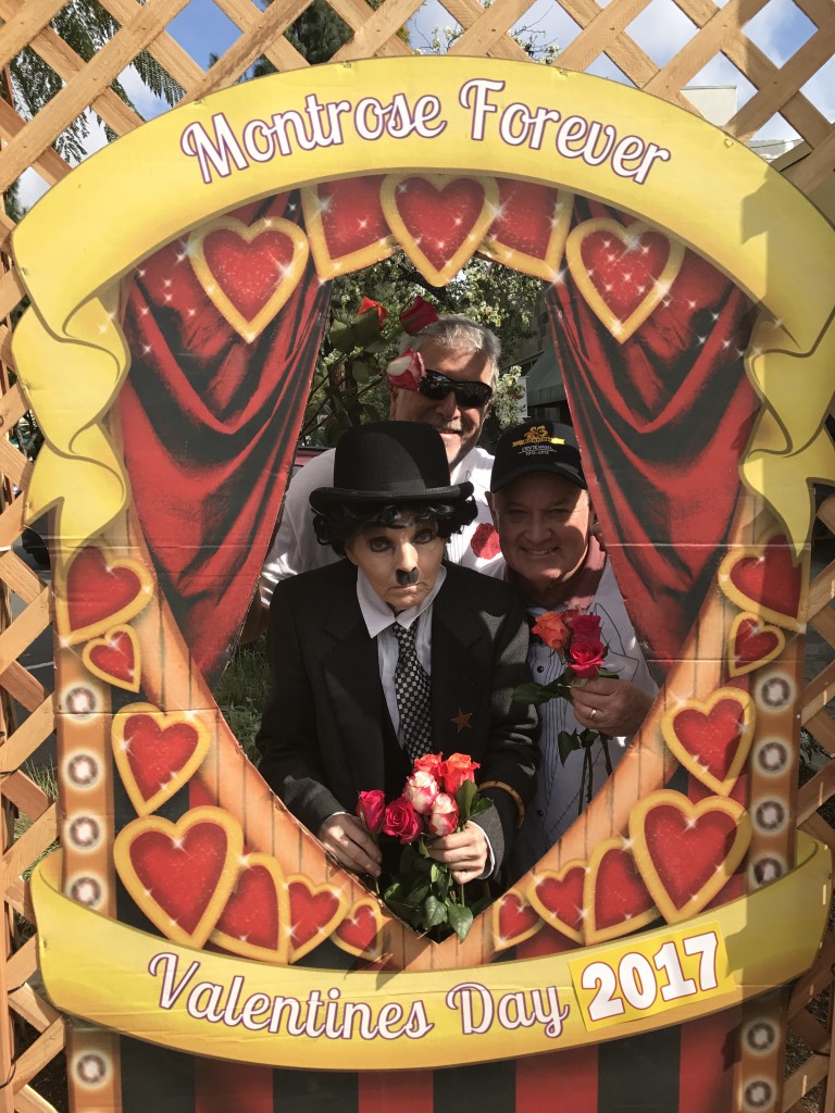 Charlie Chaplin impersonator Audrey Ruttan, handed out roses to all the ladies shopping and dining in the popular shopping park.