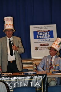 Crescenta Valley Town Council members, from left, Frank Beyt and Dennis Van Bremen have been all over the community with their stylish and unassuming hats promoting the annual CVTC Pancake Breakfast.