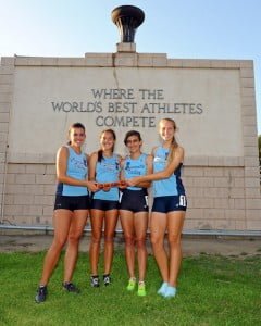 The 4x400 relay team of (from left) Courtney Iannello, Megan Melnyk, Kayleigh Carrillo, and Emmie Walker set a new school relay time (3:55.19). Carrillo ran unofficial leg of 55.7, but the team just missed qualifying for Masters Meet. Team placed sixth at the Division 1 finals.
