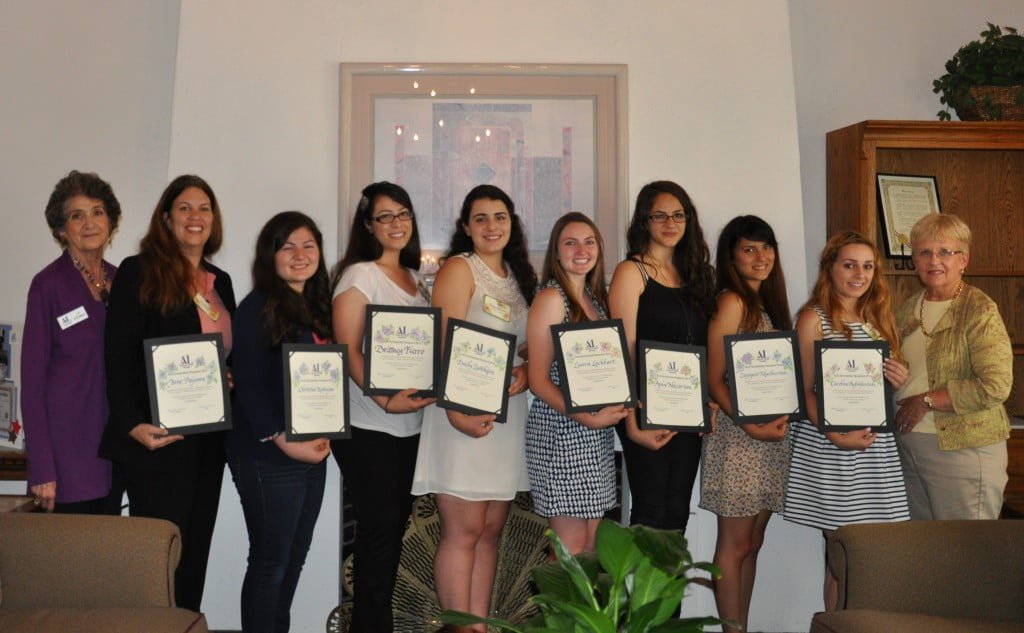 Photos courtesy of Pearl WELLS  From left are Lu Hishmeh, scholarship chairman, with recipients Jane Pojawa, Christine Kabayan, Brittney Fierro, Emily Zadikian, Laura Lockhart, Ania Nazarian, Zeepyoor Khechoorian, Caroline Aghajanian and Assistance League Glendale president Karen Millman. 