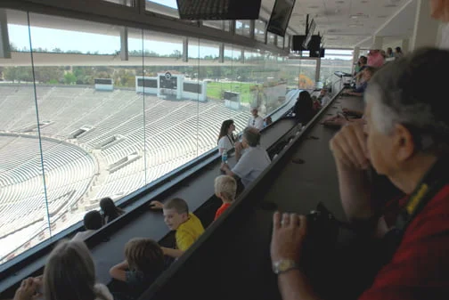 Photos by Michael J. ARVIZU Guests sit in the press boxes during a Rose Bowl tour. The stadium inaugurated its first ever set of tours in celebration of the upcoming 100th Rose Bowl game and soon-to-be-completed renovations.