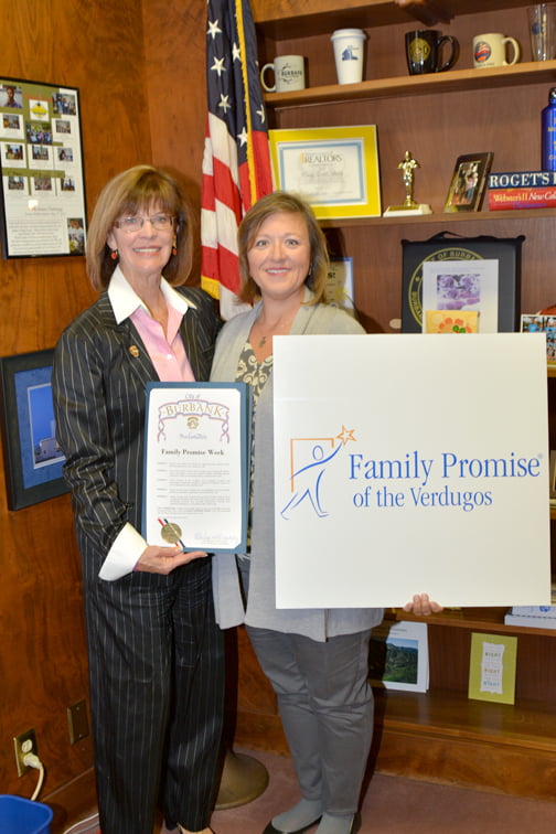 From left Burbank Mayor Emily Gabel-Luddy presenting Kimberly Rhodes, executive director of Family Promise of the Verdugos, with a proclamation naming Oct. 20 -27 as Family Promise Week in the City of Burbank.