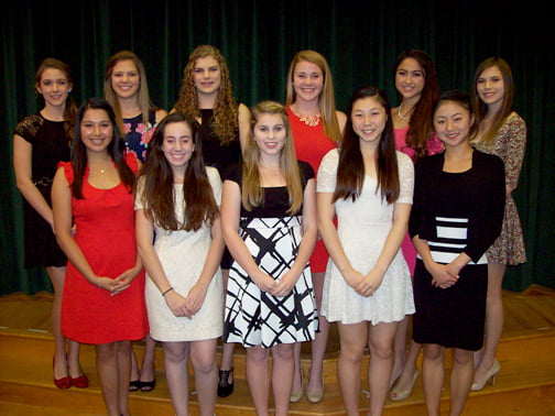 Vying for a place on the LCF court are (from left, rear) Sarah Sellman, Kaitlin Powers, Jenna Gray, Caroline Kenney, Darcy Keh and Violet Herzfeld. Front row from left are Sabine Puglia, Freya Strasburg, Mikah Harrick, Esther Hong and Monica Song.
