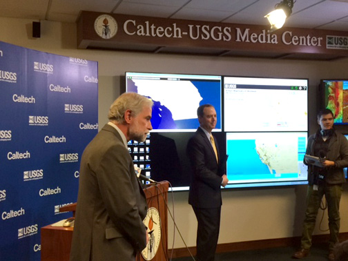 Photo by Mary O’KEEFE  Doug Givens, left, from USGS and Congressman Adam Schiff at Caltech on Monday announced that Congress allocated $5 million in support of the earthquake early warning system.