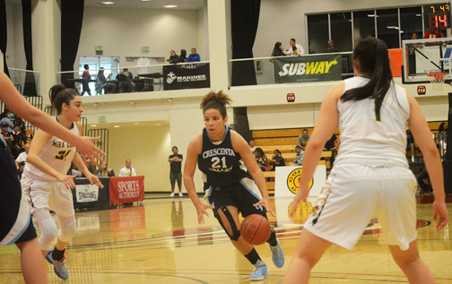 Josie Brock was a force to be reckoned with on the court (seen here against Mira Costa) but a loss in the second round of the Division II state playoffs ended the girls’ run.