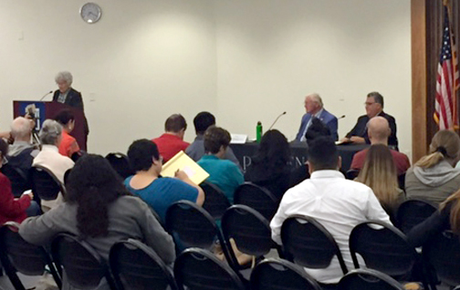 Photo by Dana DOWSE Candidates for the 25th Senate District Michael Antonovich and Anthony Portantino (seated facing audience) took part in a debate on Tuesday held at Pasadena City College.