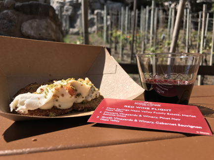 Chèvre fromage blanc tartine with red wine flight in front of DCA’s vineyard. 