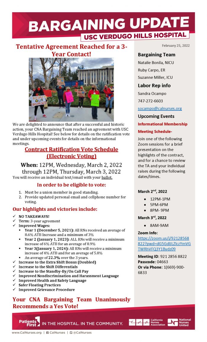 Tentative Agreement Reached Between Nurses and USC-VHH Tentative Agreement Reached Between Nurses and USC-VHH